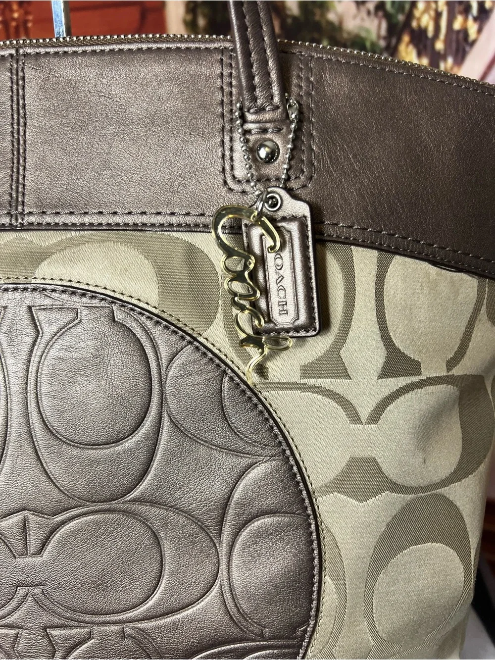 Coach Monogram Large Logo Tote Bag with Charms, Taupe Tan color